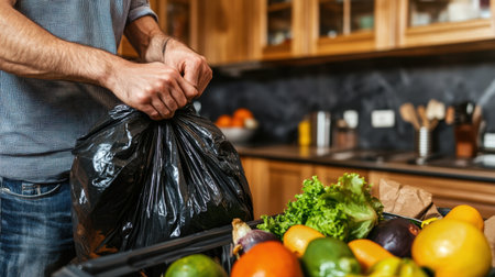 A person ties a black garbage bag filled with food scraps in a kitchen setting, emphasizing the importance of waste management and promoting sustainable practices.の素材