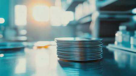 A series of metal petri dishes carefully stacked on a polished laboratory table with blurred background light, illustrating the essence of scientific research and experimentation.の素材