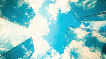 A captivating view of modern skyscrapers soaring high against a stunning blue sky filled with fluffy clouds, showcasing the beauty of urban architecture from below.の素材