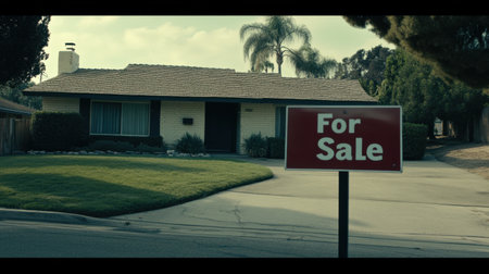 This image showcases a charming suburban house featuring a vibrant lawn and a prominent 'For Sale' sign, ideal for real estate marketing or home promotion.の素材