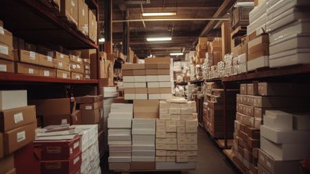 A busy warehouse filled with neatly stacked cardboard boxes and stocked shelves, illustrating the importance of organization in logistics and e-commerce operations.の素材