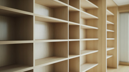 A bright and spacious room featuring minimalistic wooden shelves, ideal for organizing books and decorative items while enhancing modern interior aesthetics.の素材