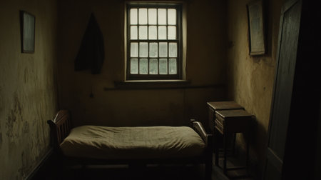 An evocative interior of an old room highlights simplicity and solitude, with a single bed and table under a dim window, perfect for themes of reflection and quiet moments.の素材