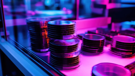 Vibrant stacks of Petri dishes glow under neon lights in a modern laboratory, symbolizing the cutting-edge innovation and precision in scientific research and experimentation.の素材