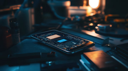 A close-up image of a printed circuit board on a smartphone, showcasing intricate technology surrounded by tools in a dimly lit workspace, emphasizing the electronics industry.の素材