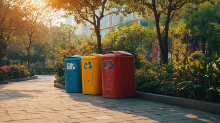 Vibrant recycling bins enhance a peaceful urban park setting, advocating for cleanliness and sustainability amidst beautiful greenery, encouraging eco-conscious behavior.の素材