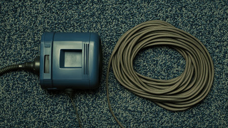 This image features a compact blue electric pump with a coiled hose, set against a dark blue textured carpet. Perfect for various indoor and outdoor tasks requiring reliable performance.の素材