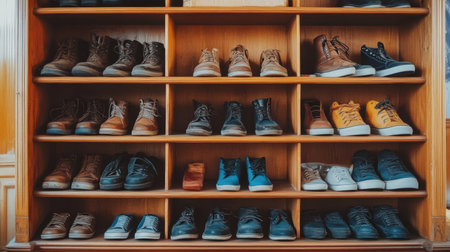 A beautifully organized shoe rack featuring an array of footwear styles, showcasing the charm of arranged footwear in a warm, wooden setting ideal for home decor inspiration.の素材