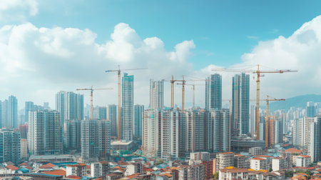 A vibrant skyline showcases cranes and high-rise buildings under a clear blue sky, reflecting the rapid urban growth and architectural advancements in a bustling cityscape.の素材