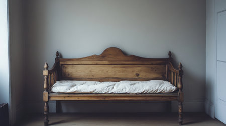 A cozy vintage wooden bench against a minimalist wall, showcasing soft bedding and inviting natural light, perfect for homely or decorative settings.の素材