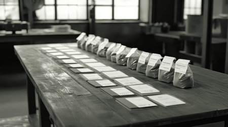 A visually appealing setup featuring neatly arranged bags and labels on a rustic wooden table in a vintage workshop, perfect for showcasing artisan craftsmanship and design aesthetics.の素材