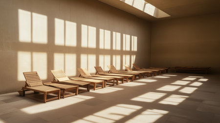 A serene interior space featuring wooden loungers, illuminated by natural light, creates a calming atmosphere perfect for relaxation and rejuvenation in a wellness retreat.の素材