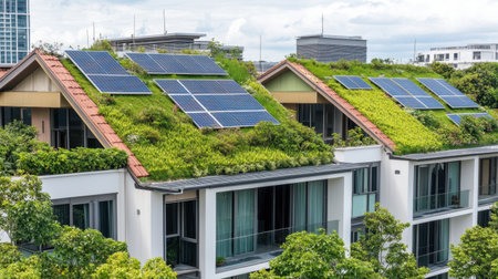 A modern urban residential complex featuring lush green roofs and solar panels, illustrating innovative sustainable living practices in an eco-friendly cityscape.の素材