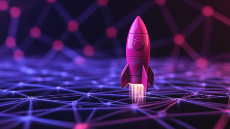 A stunning depiction of a vibrant rocket launching amidst a surreal abstract environment filled with digital connections and neon colors, symbolizing innovation and technology.の素材