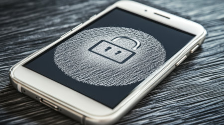 A smartphone sits on a dark wooden surface, showcasing a digital lock icon on its screen, emphasizing themes of security, privacy, and modern technology in communication.の素材