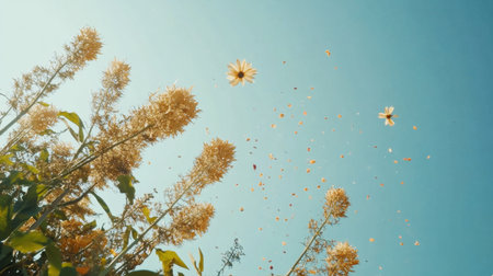 A stunning view of wildflowers with a bright blue sky, showcasing petals dancing in the air, capturing the essence of nature's beauty and vibrancy on a sunny day.の素材
