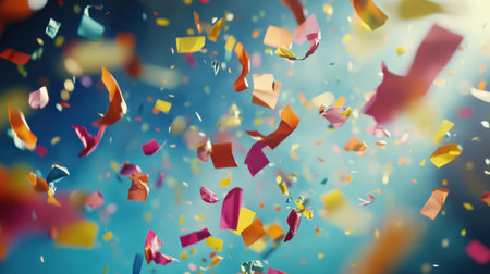 A dynamic image of colorful confetti falling against a soft blurred background, creating a vibrant and festive atmosphere, perfect for celebrating joyous occasions and events.の素材
