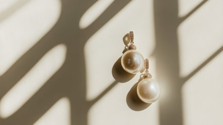 Beautiful pearl earrings elegantly displayed, enhanced by soft shadows and light, perfect for themes of luxury, fashion, and jewelry in artistic compositions.の素材