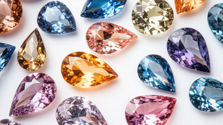 A vibrant collection of teardrop-shaped gemstones in various colors showcases the beauty and brilliance of precious stones, perfect for jewelry design and artistic inspiration.の素材