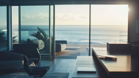 A stylish modern living space featuring expansive glass windows that capture breathtaking ocean views, creating a serene and inviting atmosphere perfect for relaxation.の素材