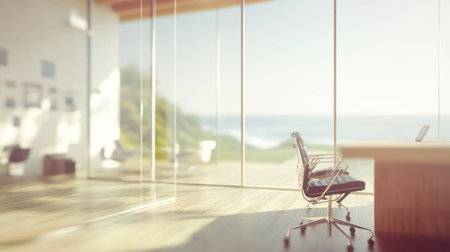 Bright modern office space featuring sleek furniture and a large glass window revealing a stunning ocean view, perfect for creativity and relaxation in a tranquil environment.の素材