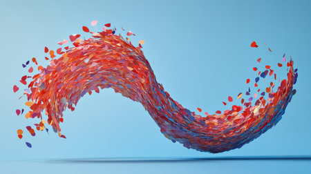 A vibrant swirl of colorful heart shapes creates a dynamic and playful composition against a bright blue background, perfect for themes of love and celebration.の素材