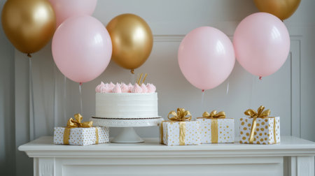 A beautiful birthday setup featuring pink and gold balloons, a delectable cake, and elegantly wrapped gifts on a stylish white mantel, perfect for celebration moments.の素材