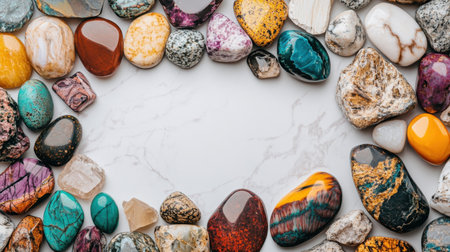 A stunning array of colorful stones and gemstones is beautifully arranged on a light marble surface, ideal for adding charm and elegance to any artistic project or home decor.の素材
