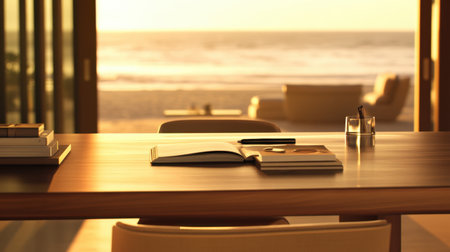 A serene workspace overlooking the ocean at sunrise, featuring natural light, minimalist decor, and inviting elements for inspiration and relaxation. Perfect for creative reflection.の素材