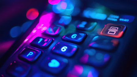 A captivating close-up of a keypad featuring vivid colors and a bokeh effect, showcasing the fascinating interplay of technology and visual artistry in an engaging manner.の素材