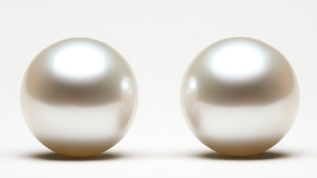 A pair of exquisite white pearls resting on a soft background, showcasing their natural luster and elegance, ideal for high-end jewelry and fashion imagery.の素材