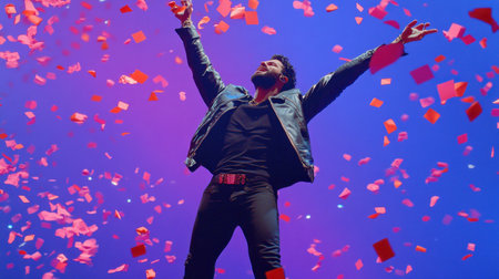A captivating scene of a performer on stage, arms raised in celebration amidst a shower of colorful confetti, embodying the joy of live entertainment and the energy of a thrilling performance.の素材