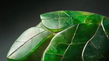 This stunning close-up captures the intricate textures of a green jadeite leaf sculpture, showcasing its natural beauty and artistic craftsmanship perfect for collectors and nature lovers.の素材