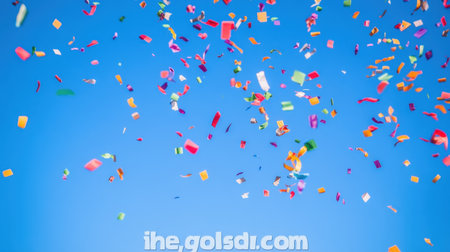 A vibrant display of colorful confetti falling from above, creating a joyful atmosphere against a bright blue sky. Perfect for themes related to celebration and happiness.の素材