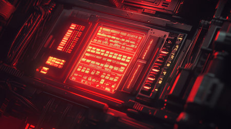 This striking futuristic digital interface features vibrant red illumination against a dark background, ideal for technology and sci-fi themes in creative projects.の素材