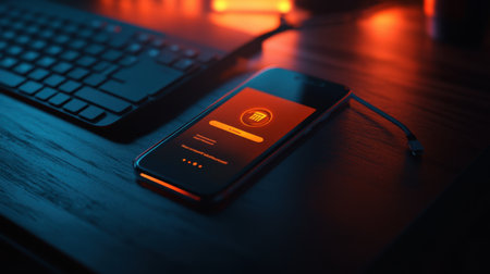 A modern smartphone showcases a login screen in an elegant workspace, complemented by warm lighting and a sleek keyboard, creating a stylish tech-savvy atmosphere.の素材