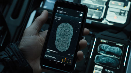 A close-up of a high-tech mobile device showcasing a detailed fingerprint scan interface, set in a futuristic environment emphasizing innovation and digital security.の素材