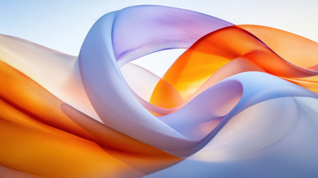 This captivating abstract image features flowing waves of fabric in soft orange, purple, and white tones, perfect for creating a serene and modern artistic backdrop.の素材