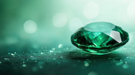 This breathtaking close-up features a beautifully cut emerald gemstone resting on a soft bokeh background, highlighting its exquisite detail and luxurious appeal.の素材