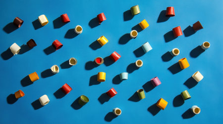 Brightly colored coffee cups arranged artistically on a blue background create a vibrant and inviting atmosphere, suitable for creative projects in food and beverage themes.の素材