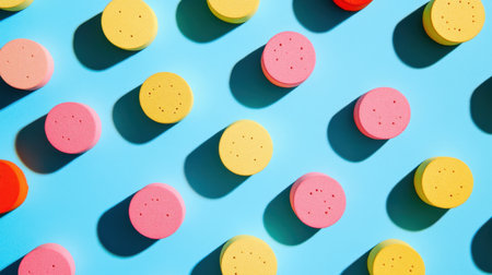 A visually striking arrangement of colorful circular sponges casts playful shadows on a bright blue background, perfect for creative design and branding projects.の素材