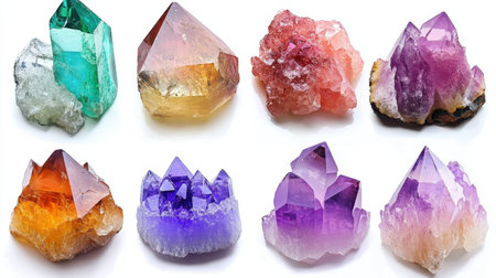 Stunning display of various natural crystals and gemstones highlighting unique colors and formations perfect for artistic inspiration or decorative elements.の素材