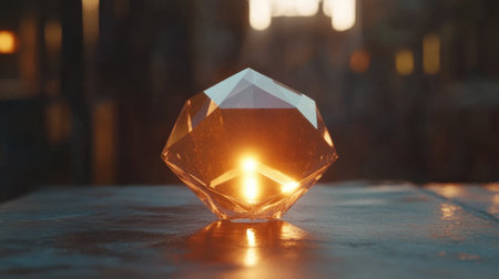 A stunning crystal shape captures and refracts warm light, creating an enchanting ambiance. Ideal for modern decor and artistic displays, showcasing unique geometric beauty.の素材