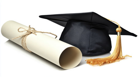 A black graduation cap adorned with a gold tassel rests beside a rolled diploma tied with rope, celebrating the achievement of academic milestones and future aspirations.の素材