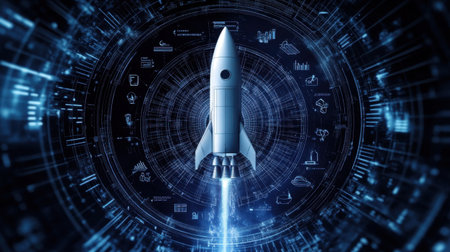 This striking image showcases a futuristic rocket launching from a digital interface, symbolizing advancements in technology and the boundless possibilities of space exploration.の素材