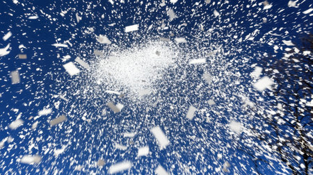 Captivating image of snowflakes dancing through the air against a clear blue sky, capturing the essence of winter wonder and festive joy in a serene setting.の素材