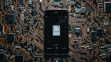 A smartphone rests on a textured circuit board, showcasing an interactive digital interface that highlights the intersection of technology and modern design.の素材