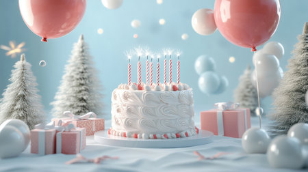 A delightful birthday cake elevated on a white stand, adorned with colorful balloons and gifts, creating a charming setting for a memorable celebration.の素材