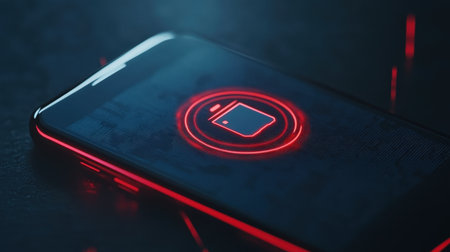 A captivating image of a smartphone displaying a glowing red lock symbol, highlighting themes of security and modern technology in a sleek, futuristic setting.の素材