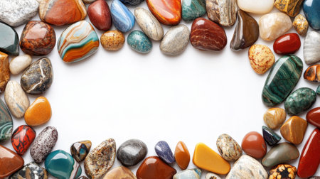 A vibrant display of assorted natural stones and pebbles creatively framing a blank space, perfect for artistic projects or as a visual texture in various applications.の素材